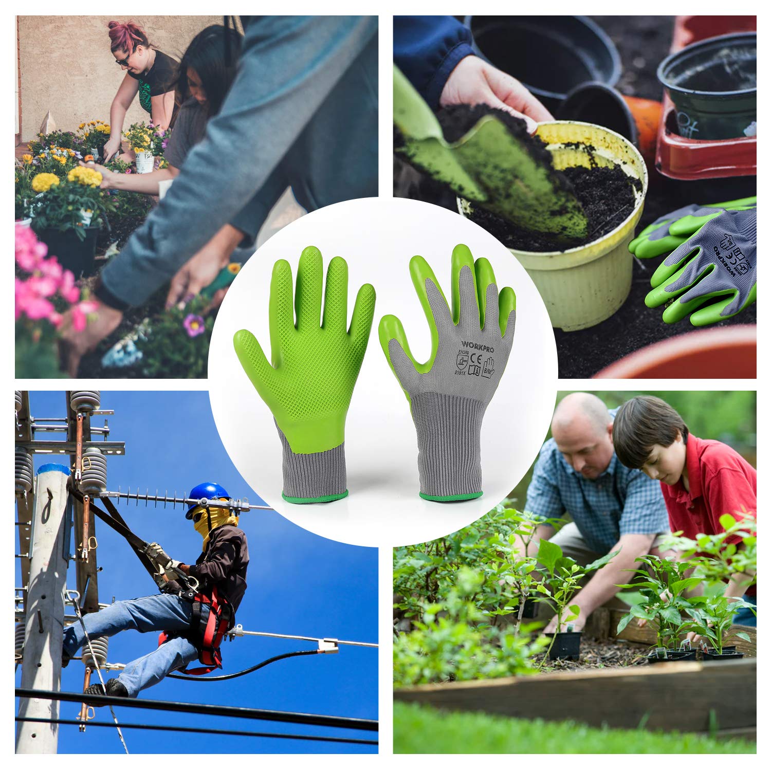 WORKPRO Garden Gloves displayed with gardening tools