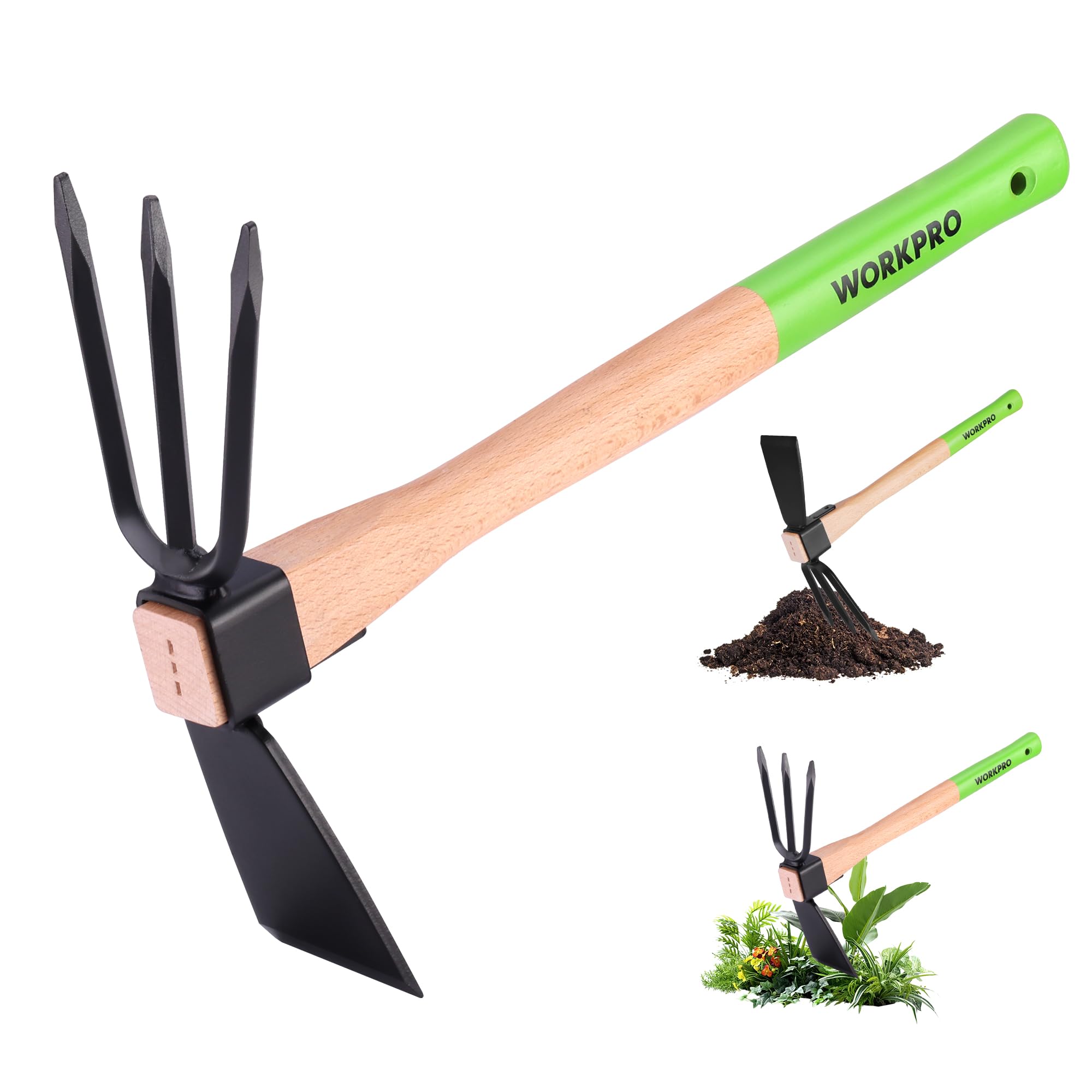 WORKPRO Garden Hoe and Cultivator front view with wooden handle