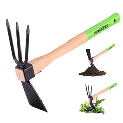 WORKPRO Garden Hoe and Cultivator front view with wooden handle