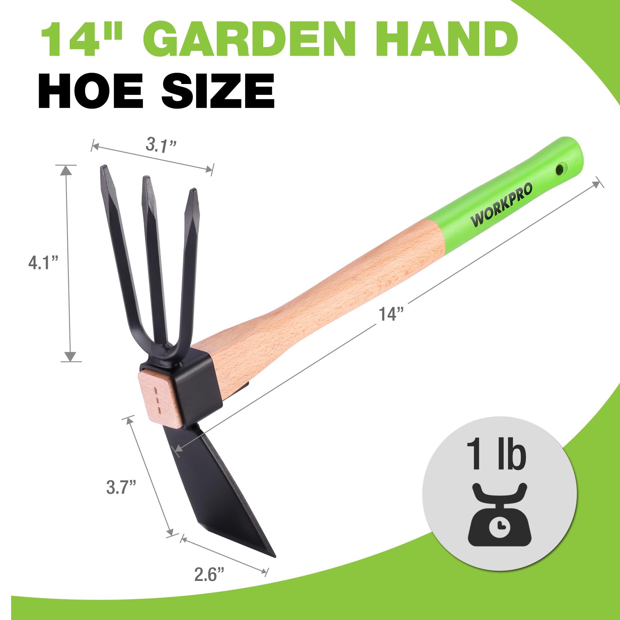 WORKPRO Garden Hoe with 3-tine rake for soil loosening