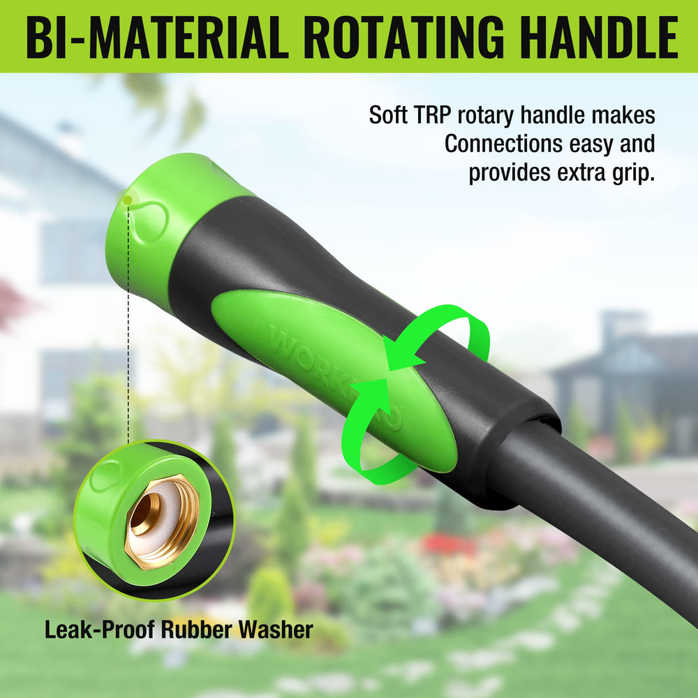 WORKPRO Garden Hose 5/8 inch x 50FT in use watering a garden
