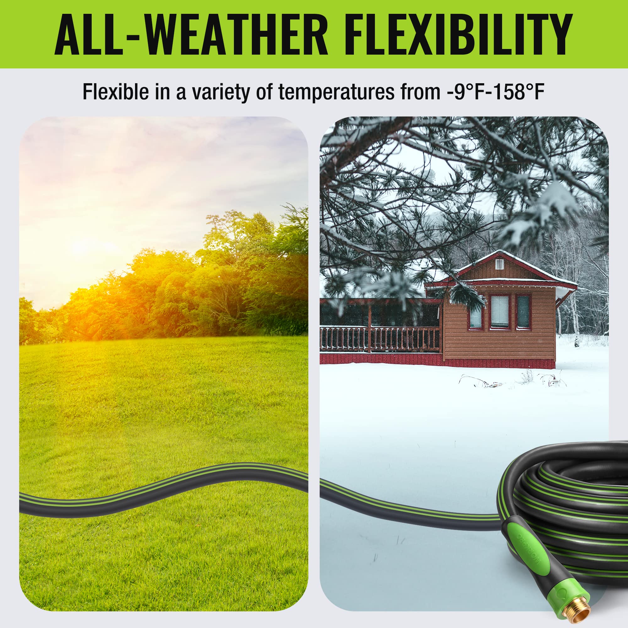 WORKPRO Garden Hose 5/8 inch x 50FT lying on grass for demonstration