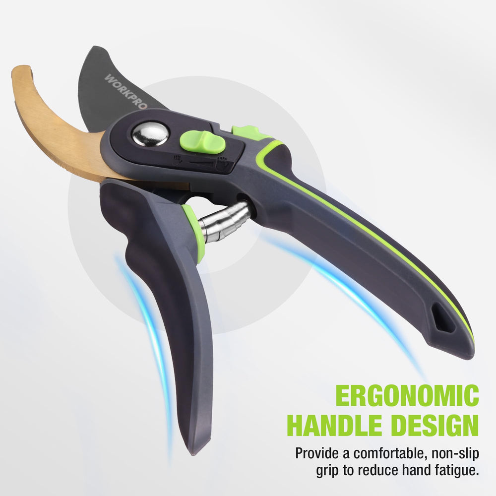 WORKPRO garden shears displaying sharp blades and non-stick coating