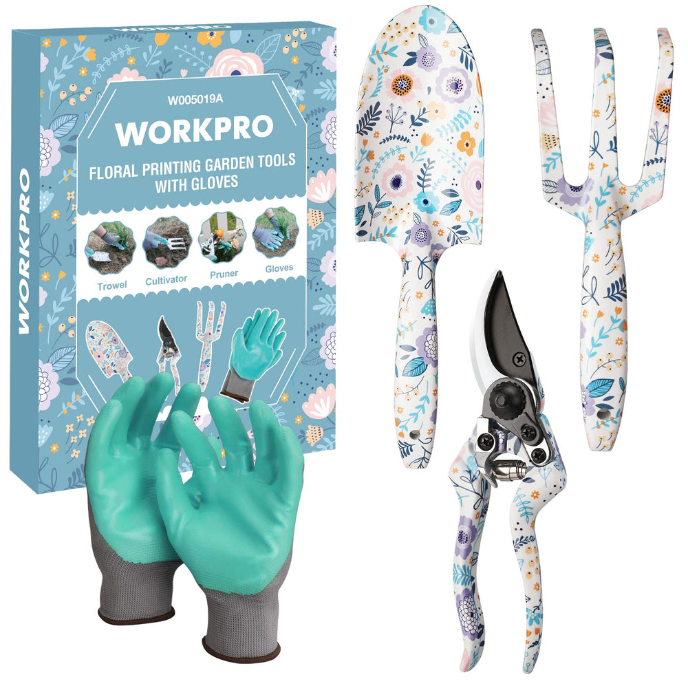 WORKPRO Garden Tool Set 4PCS with trowel, rake, and pruning shear