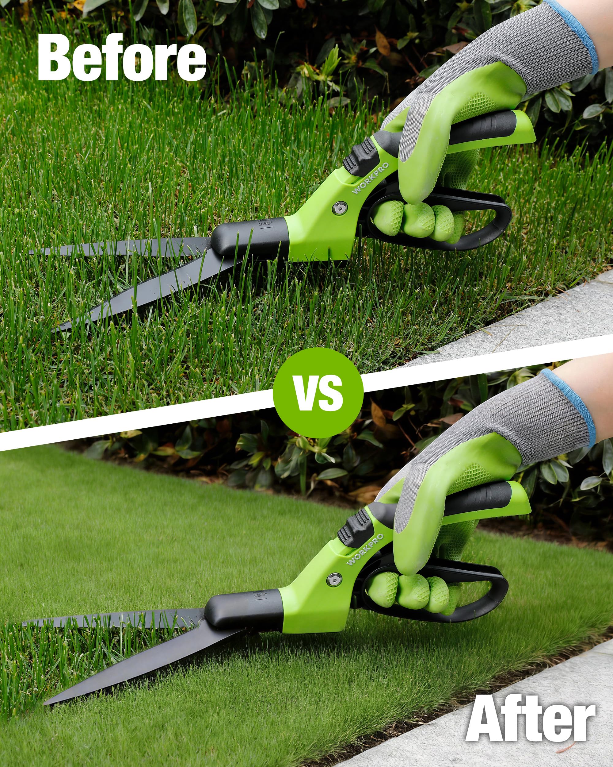 WORKPRO Grass Shears displayed with garden tools
