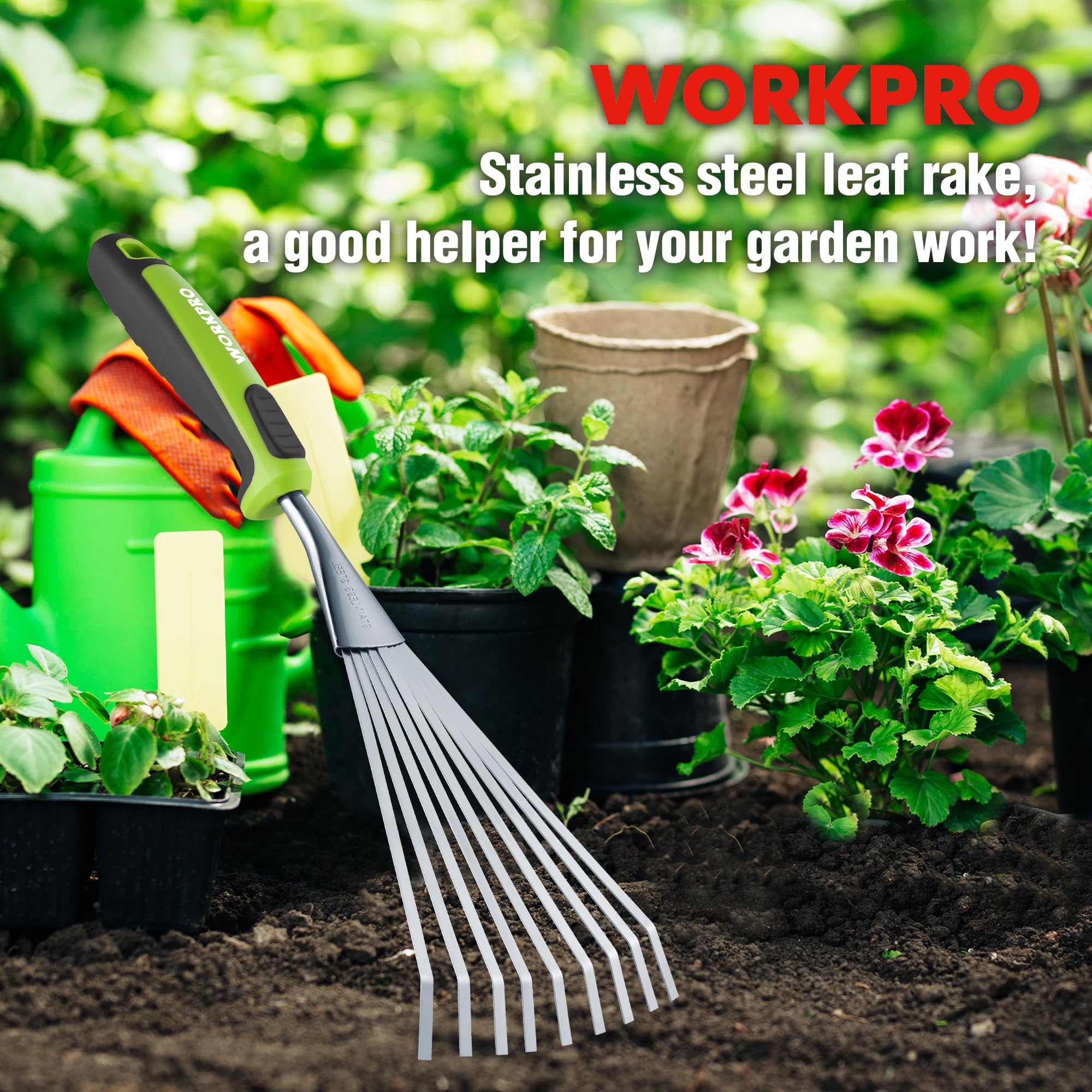 WORKPRO hand rake being used in a flower bed