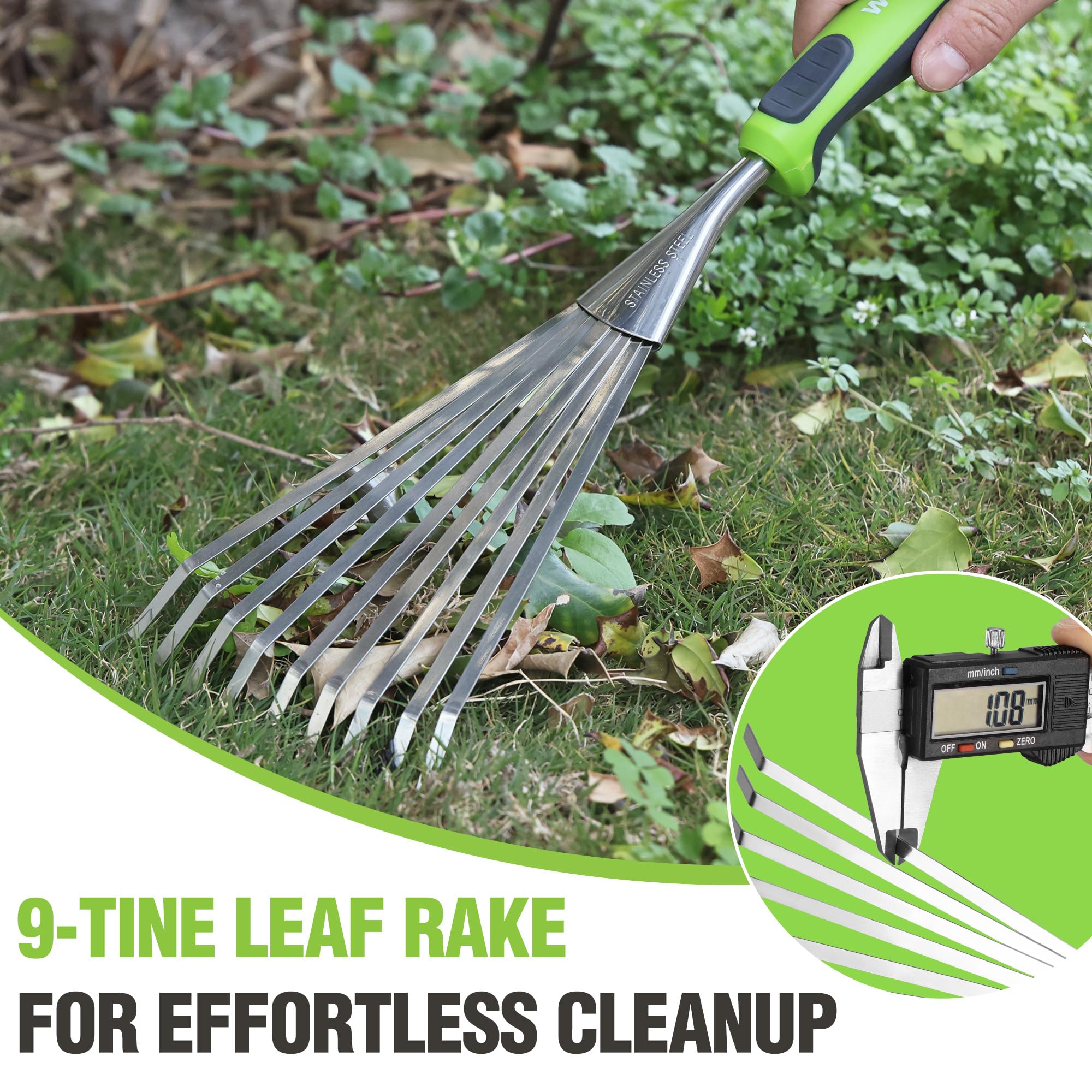 WORKPRO hand rake in garden setting with mulch