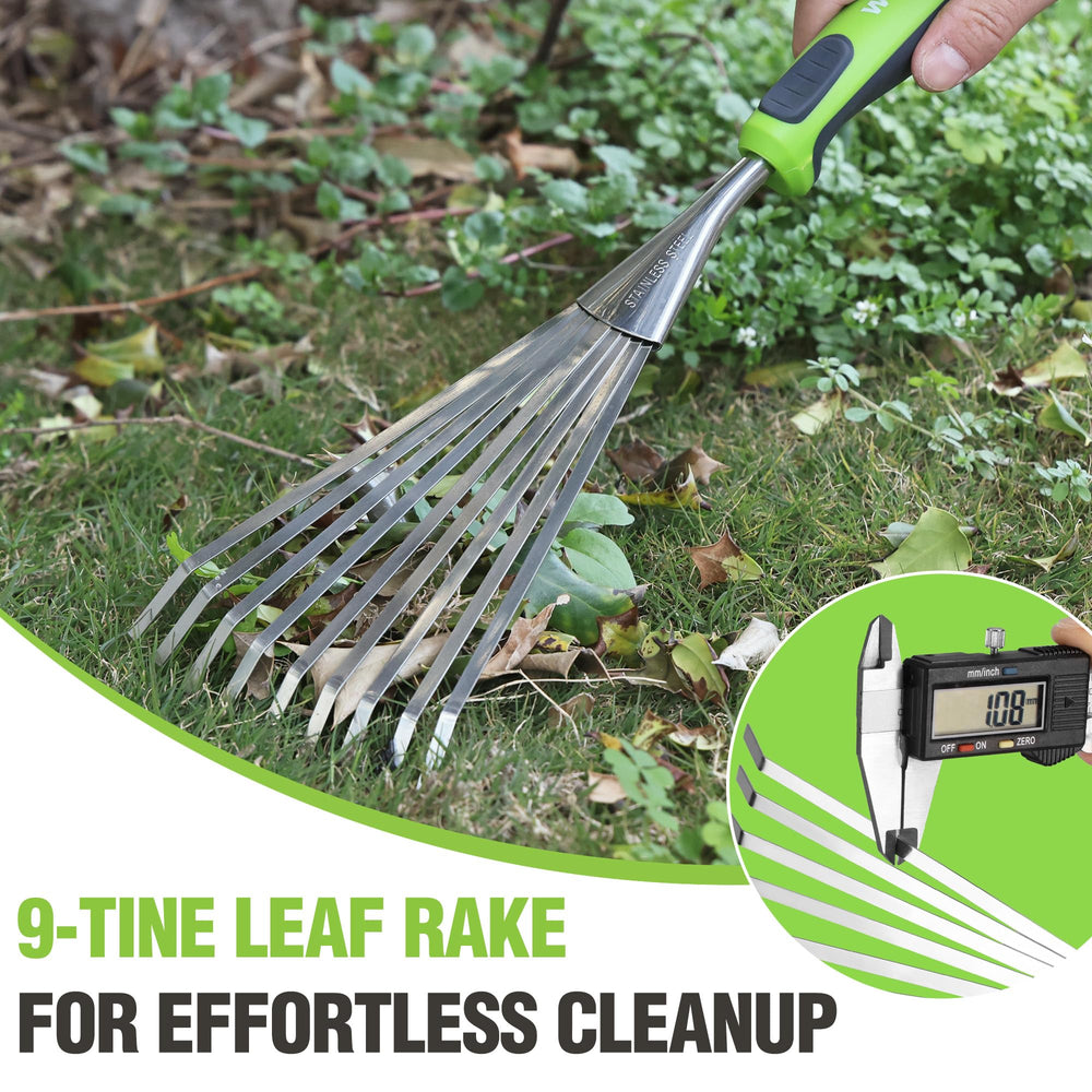 WORKPRO hand rake in garden setting with mulch