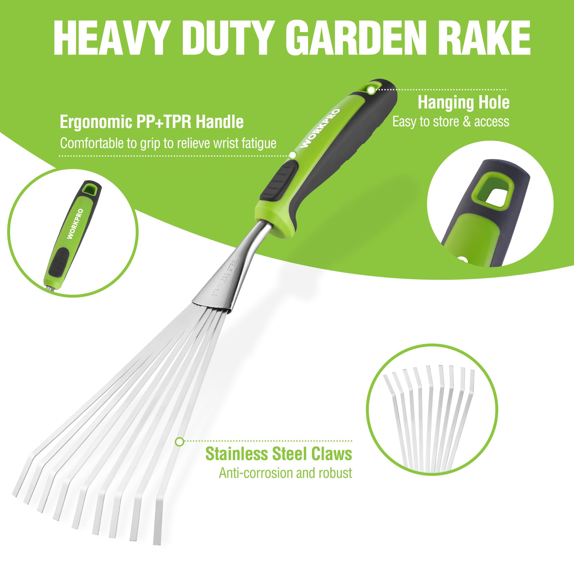 WORKPRO hand rake showing the soft-grip handle design