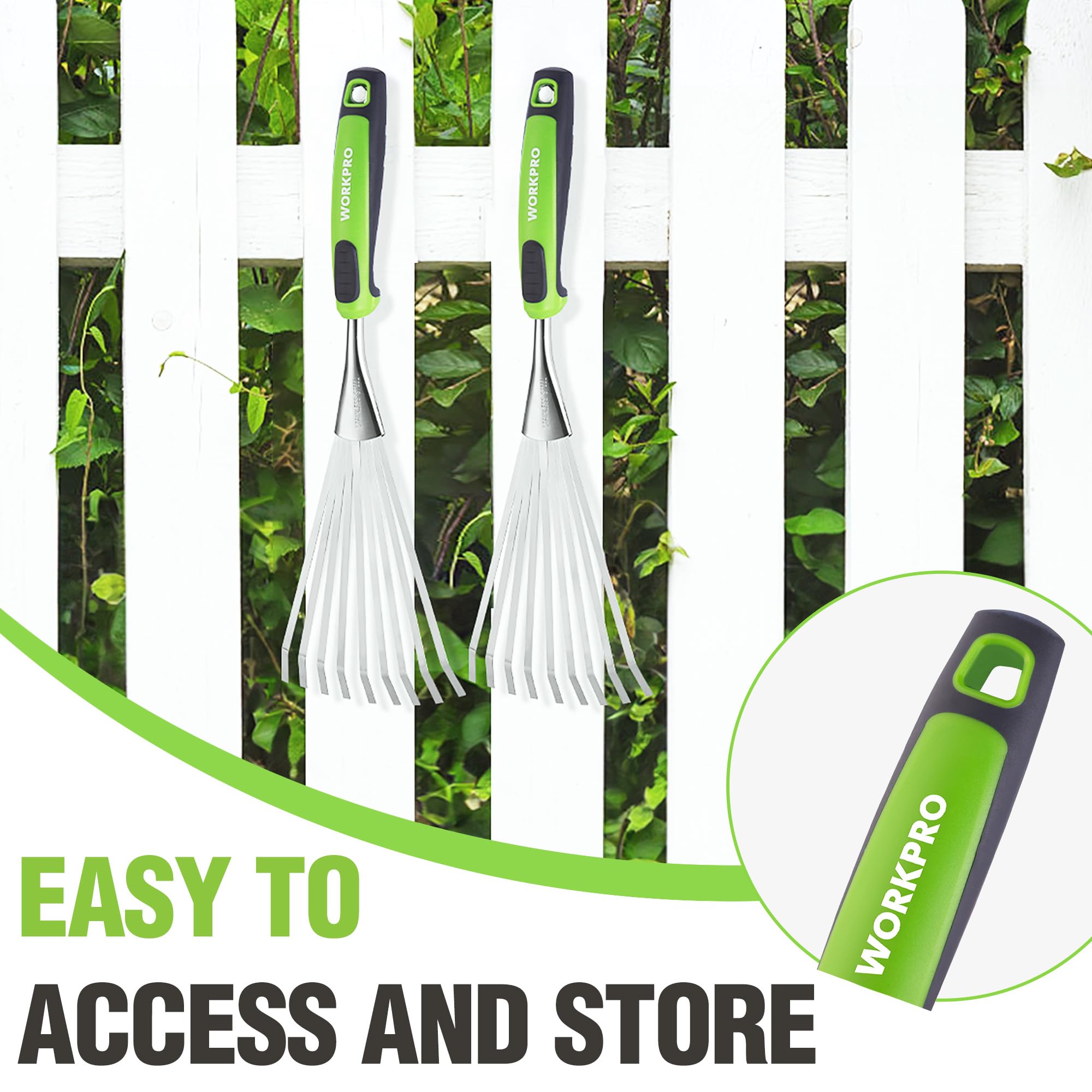 WORKPRO hand rake with label showing product specifications