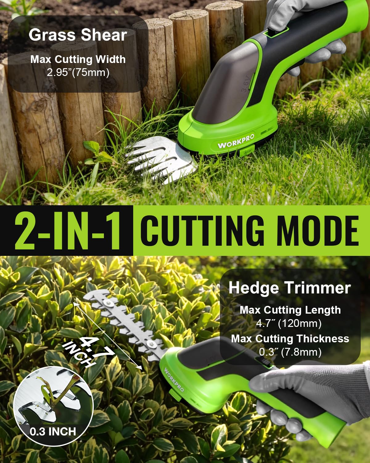 WORKPRO hedge trimmer showing sharp blades and battery