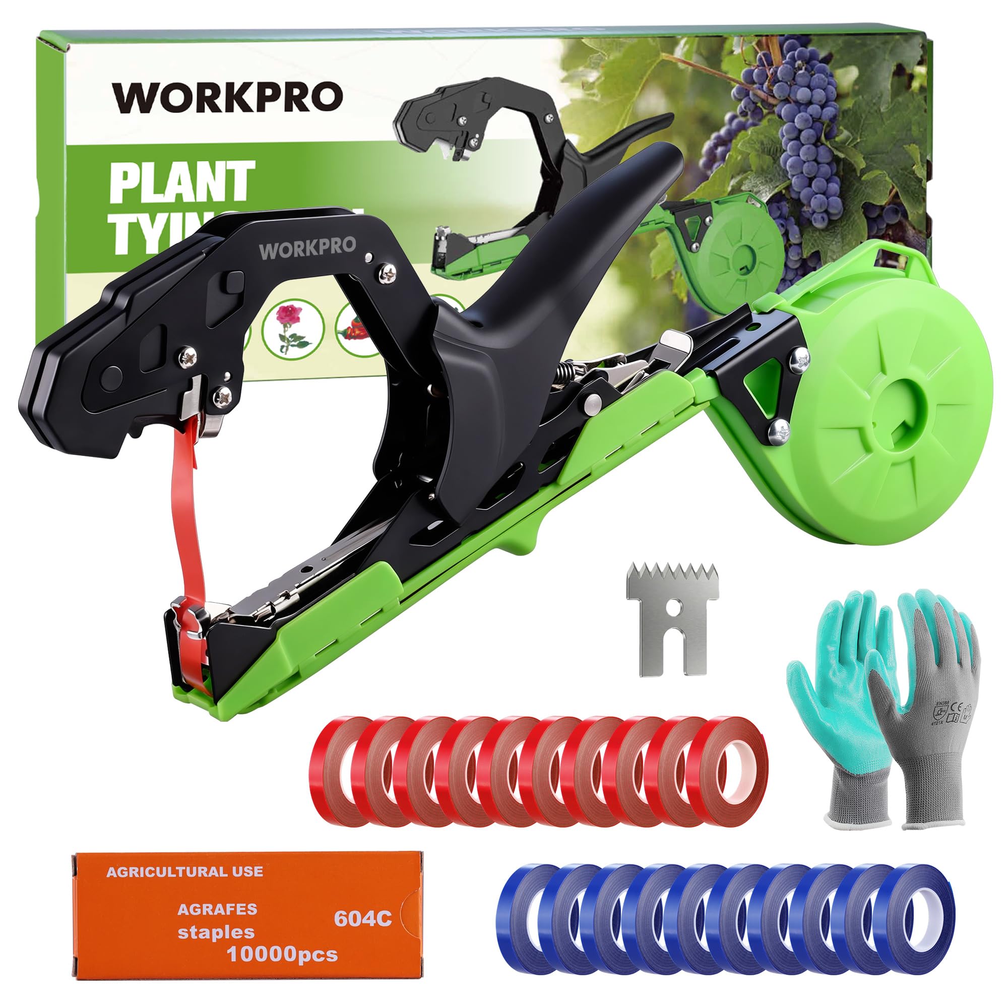 WORKPRO Plant Tying Machine front view with gloves and tape rolls