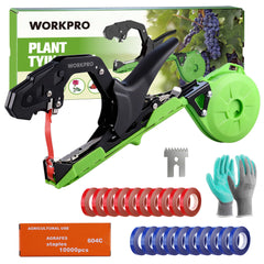 WORKPRO Plant Tying Machine front view with gloves and tape rolls
