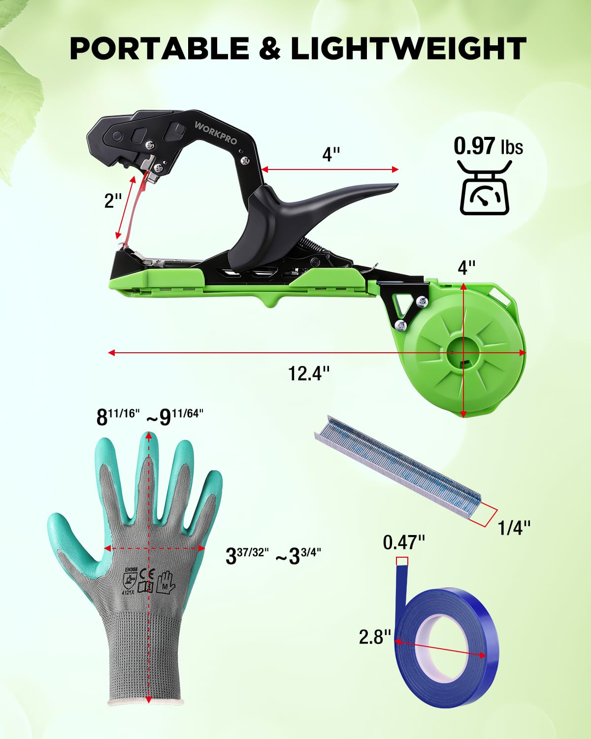 WORKPRO Plant Tying Machine with M-sized gloves and 10,000 staples