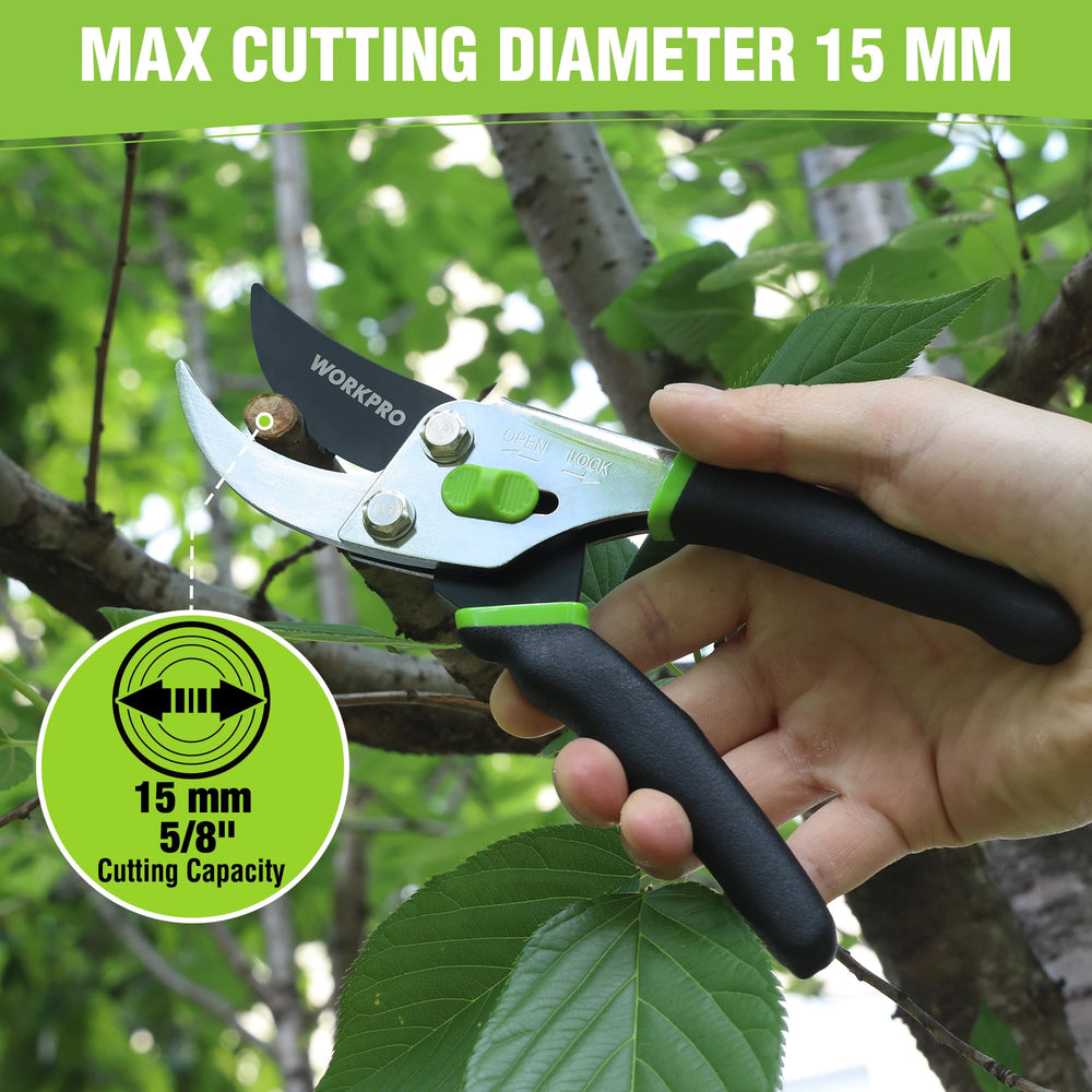 WORKPRO pruning shears showing cutting capacity