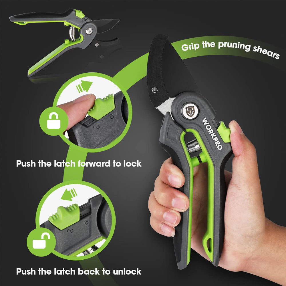 WORKPRO shears cutting a branch in a garden