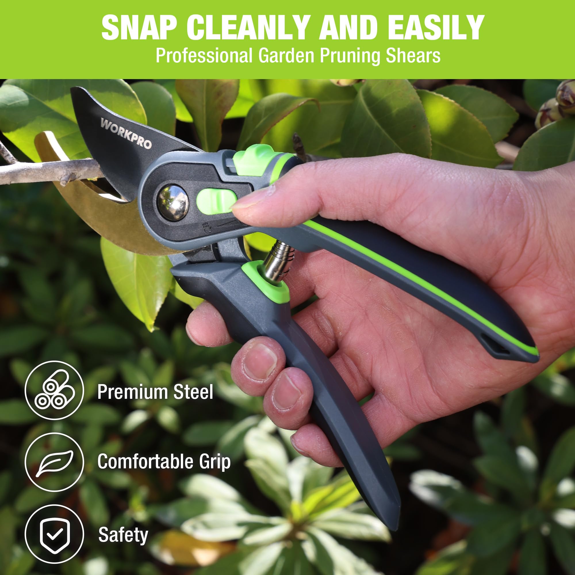WORKPRO shears with ergonomic grip on a garden table