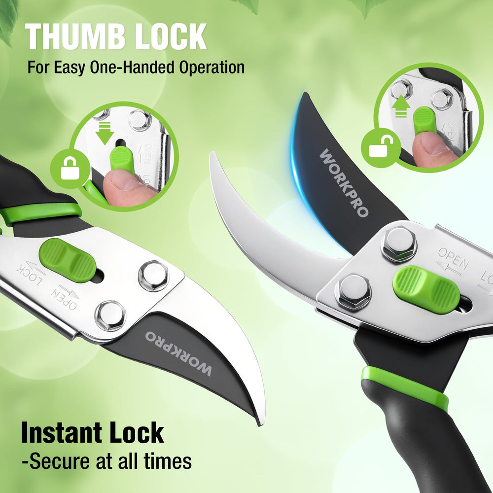 WORKPRO shears with thumb-operated slide lock