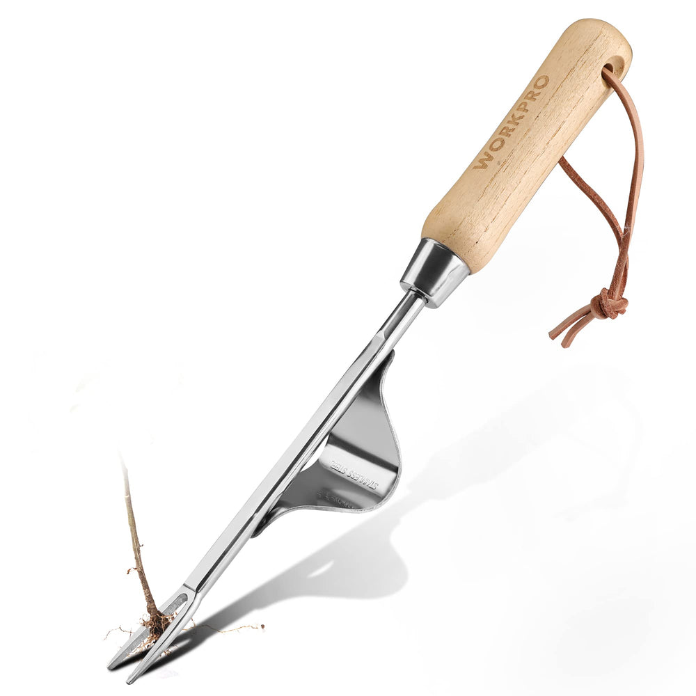 WORKPRO Weed Puller Tool displayed alongside other gardening tools