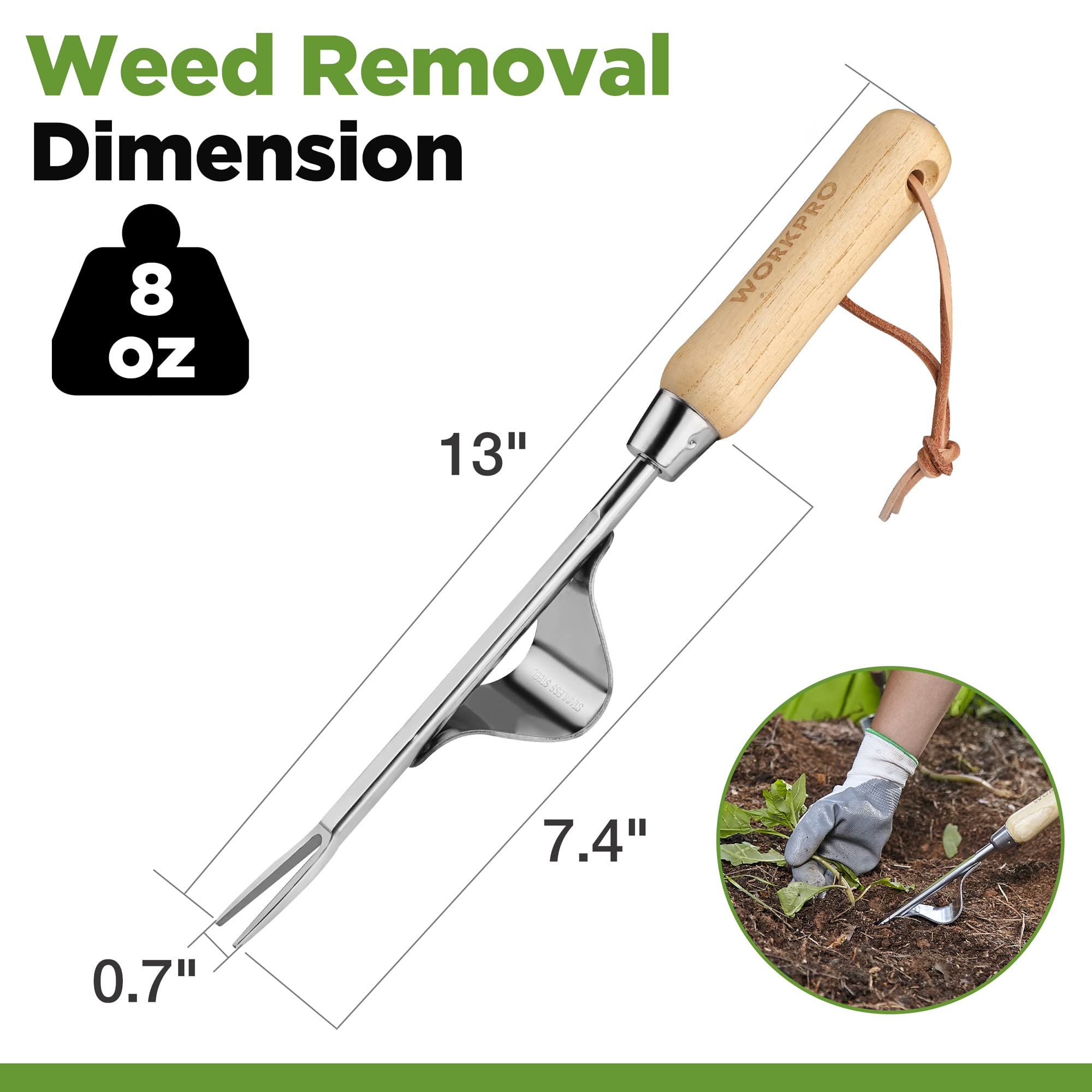 WORKPRO Weed Puller Tool showing hanging hole for storage