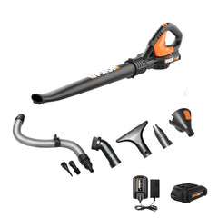 WORX 20V Cordless Leaf Blower front view with attachments
