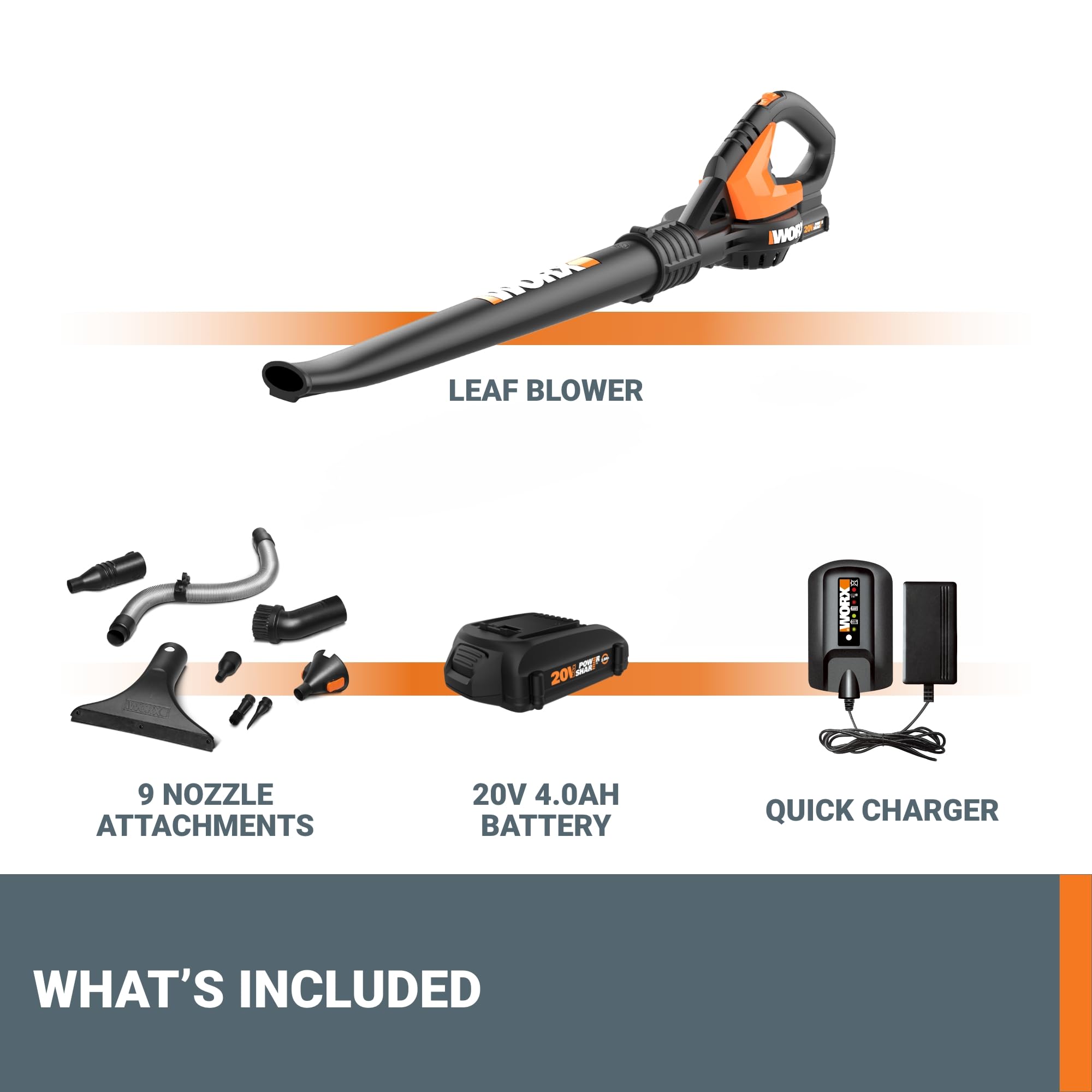 WORX 20V Cordless Leaf Blower laid out with all included accessories