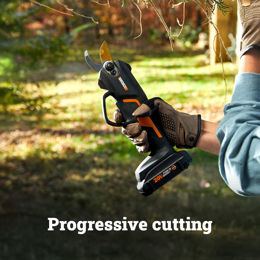 WORX 20V Cordless Pruning Shear in use on branches