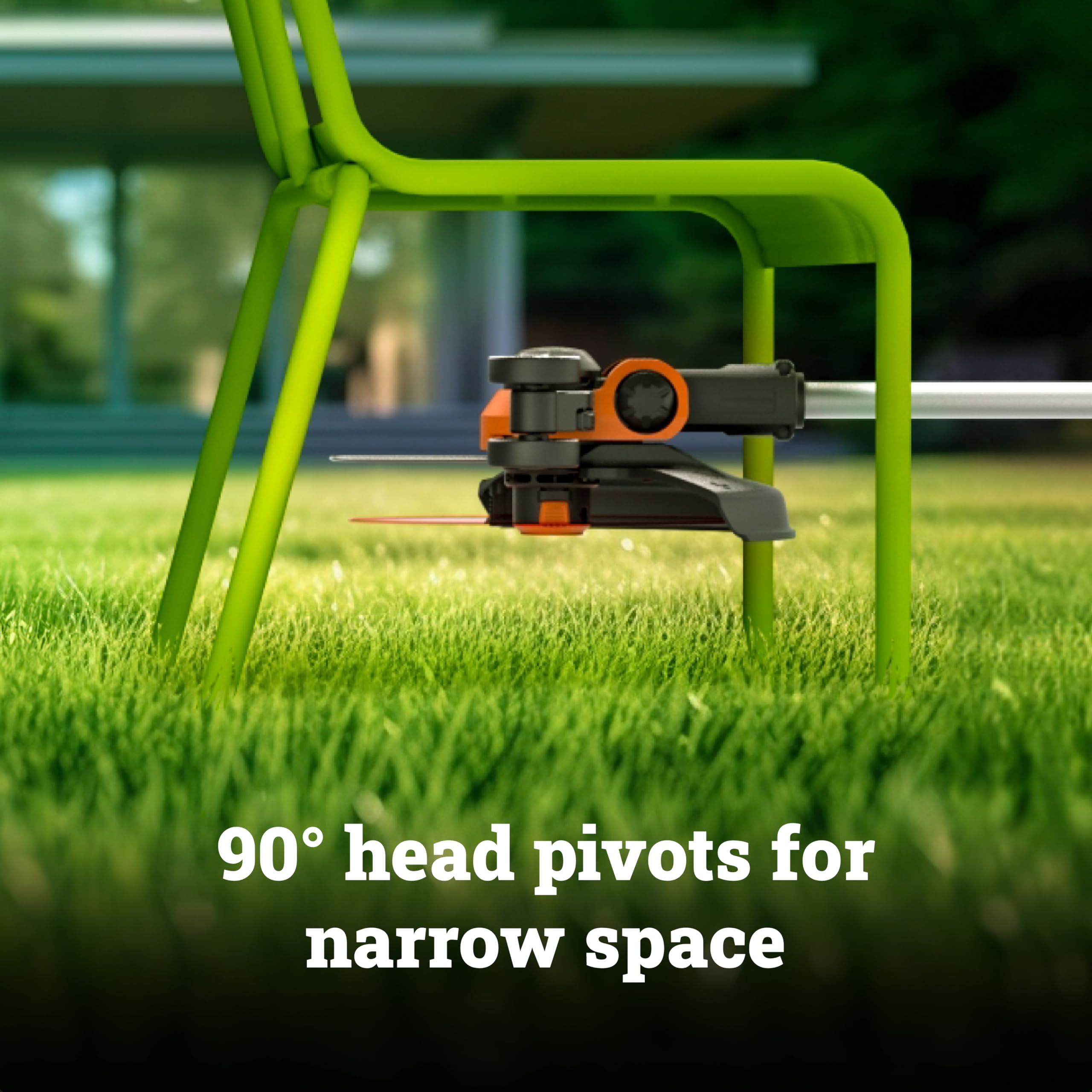 WORX 20V trimmer showing rubberized twin wheel set