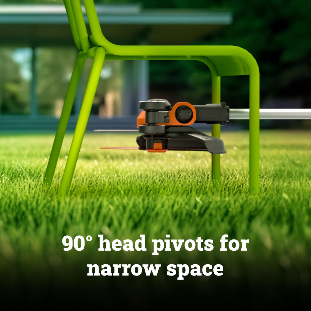 WORX 20V trimmer showing rubberized twin wheel set