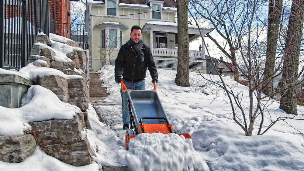WORX AeroCart Snow Plow WA0230 side view showcasing steel construction