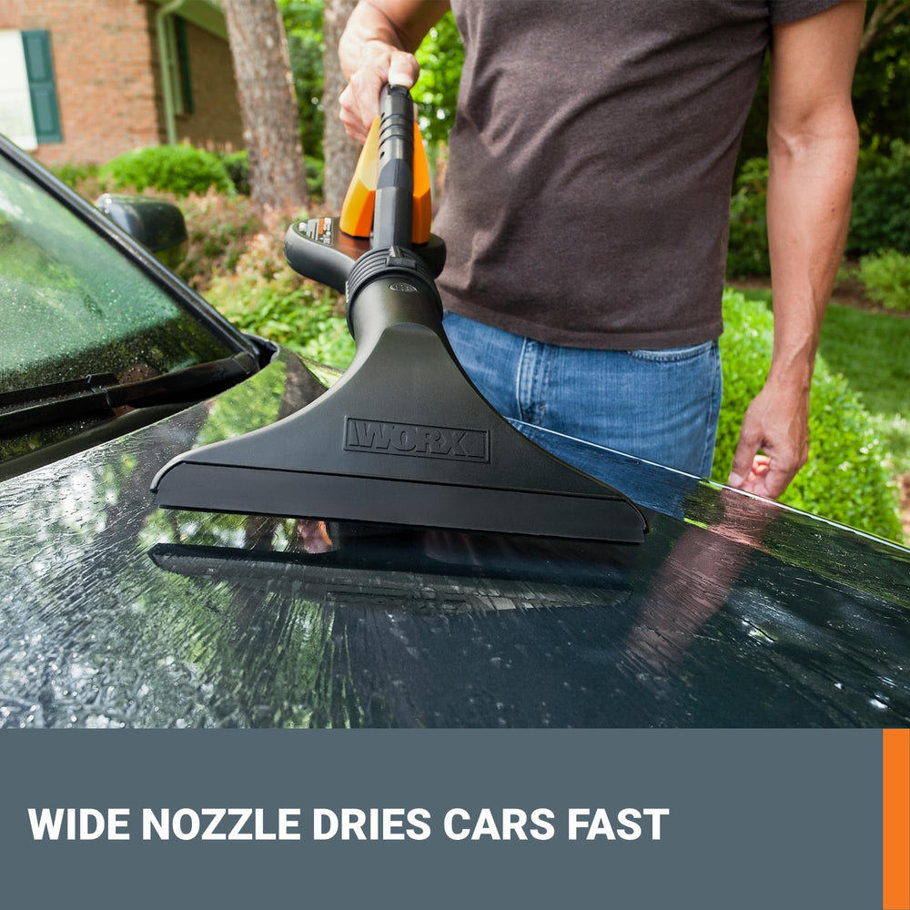WORX cordless blower displayed with battery and charger