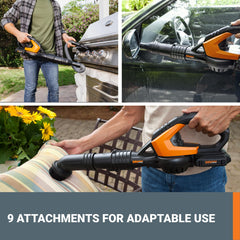 WORX cordless leaf blower showing included dust brush and detail brush