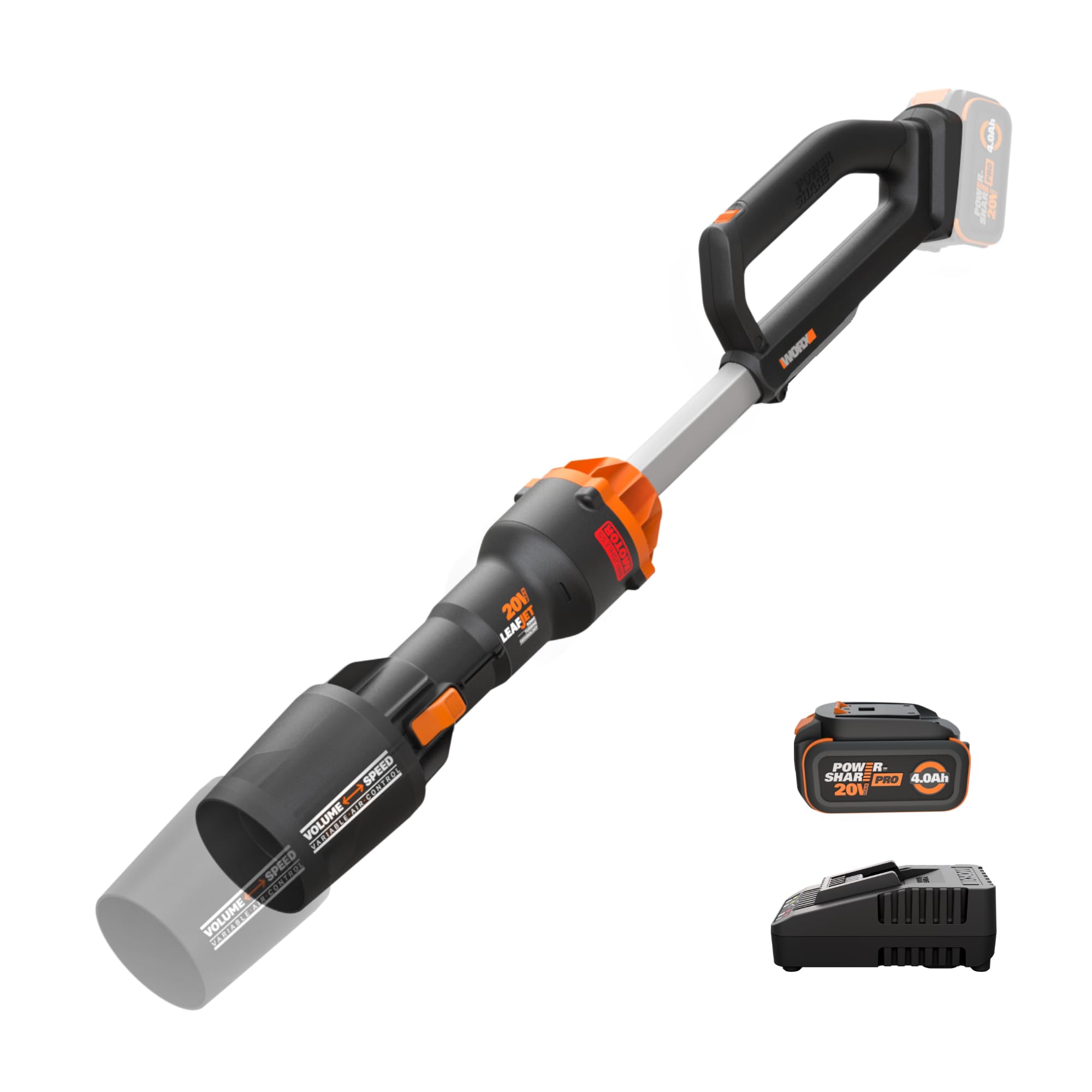 WORX Cordless Leaf Blower WG543 front view with variable air-control nozzle