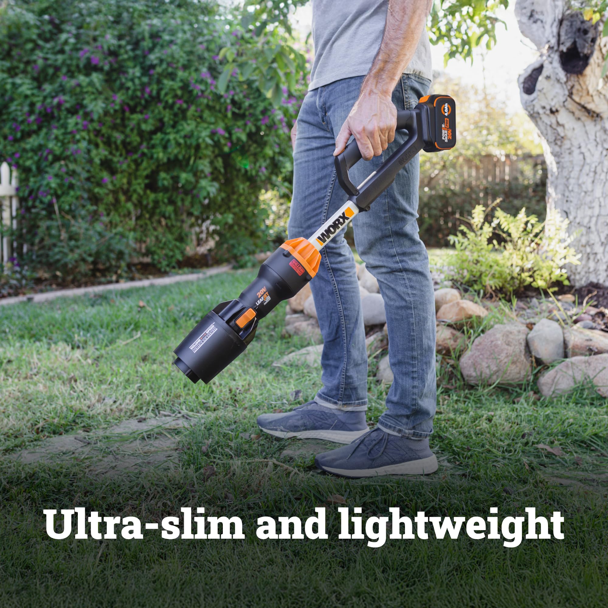 WORX Cordless Leaf Blower WG543 showing the lightweight design and battery