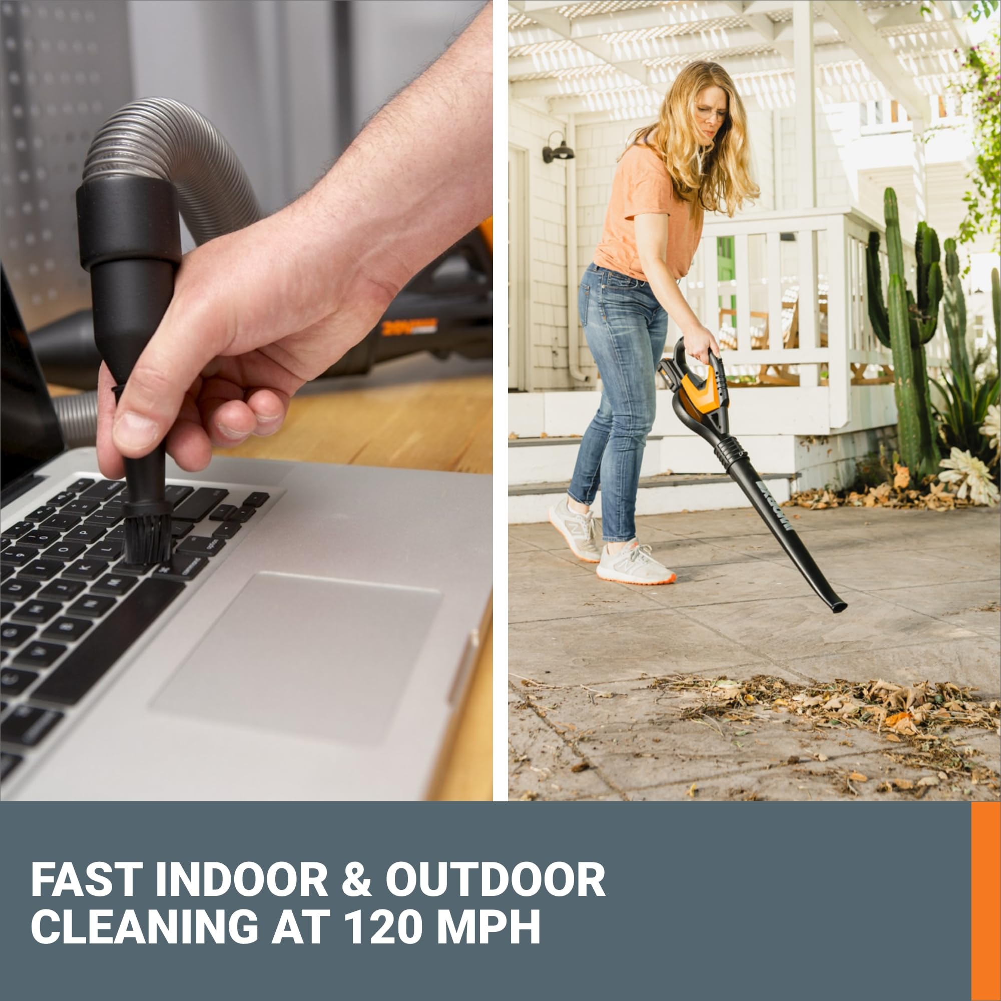 WORX leaf blower with wide nozzle attachment in use