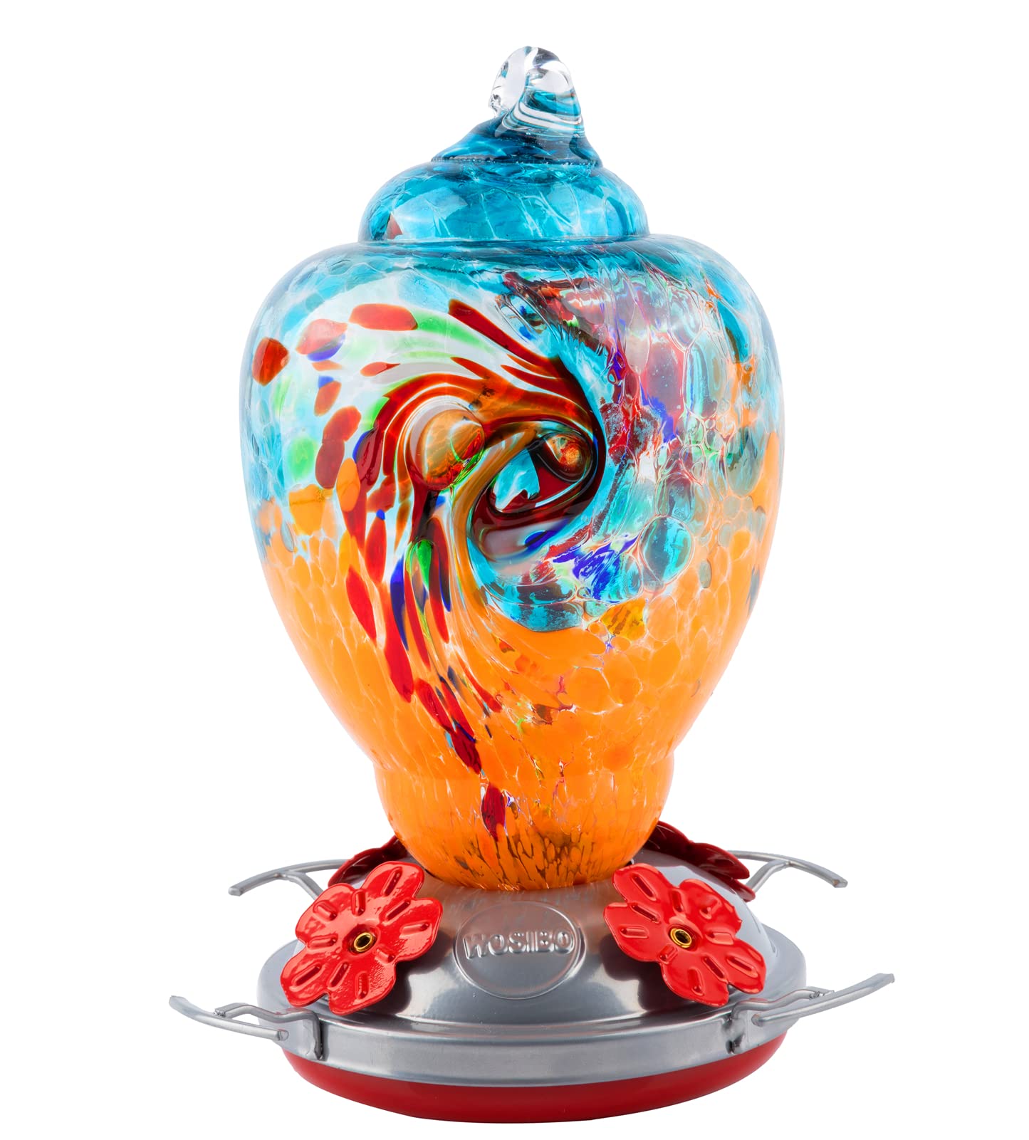 WOSIBO Hummingbird Feeder front view showing blue-orange glass