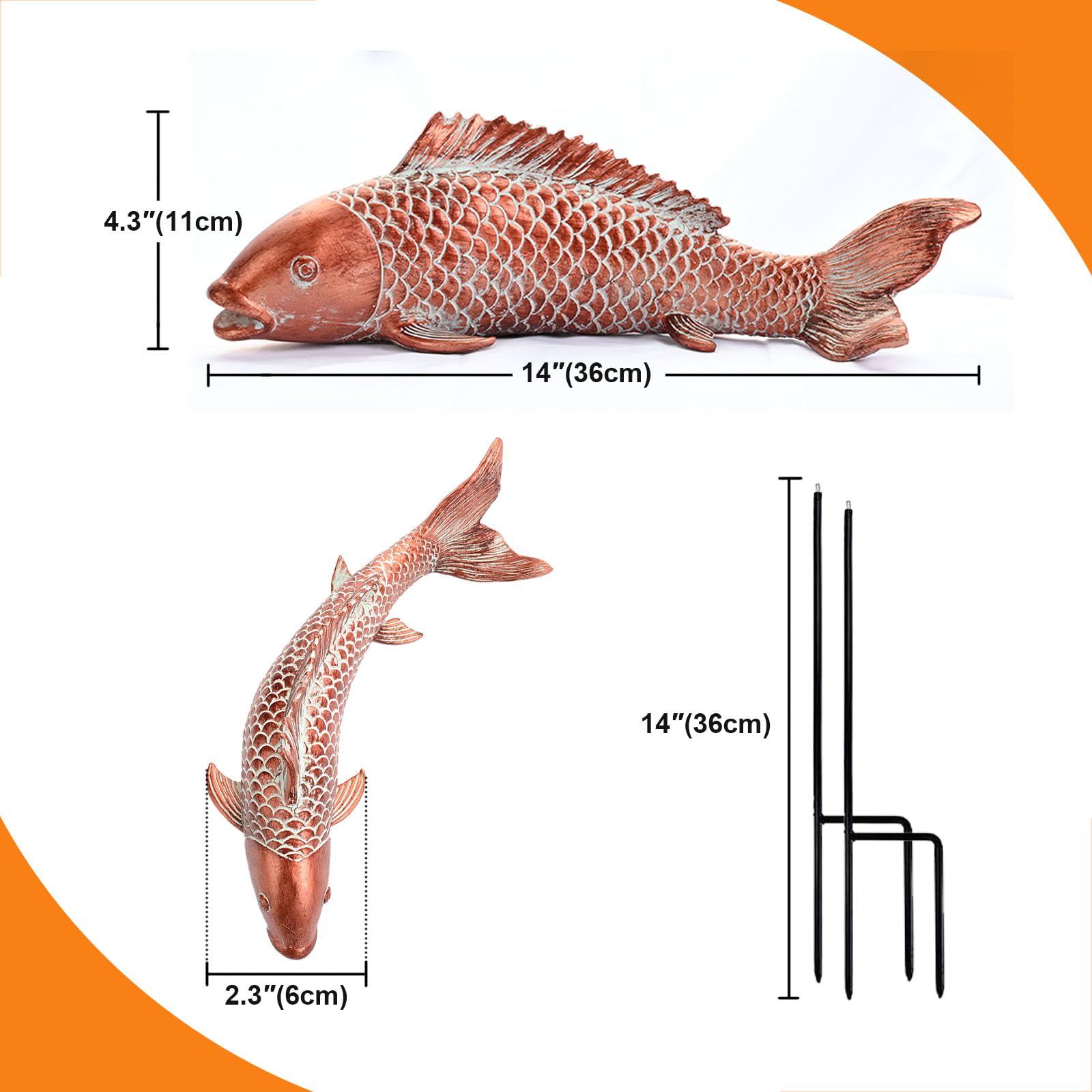 Wosuine Koi Fish Garden Statue in bronze colour, side view