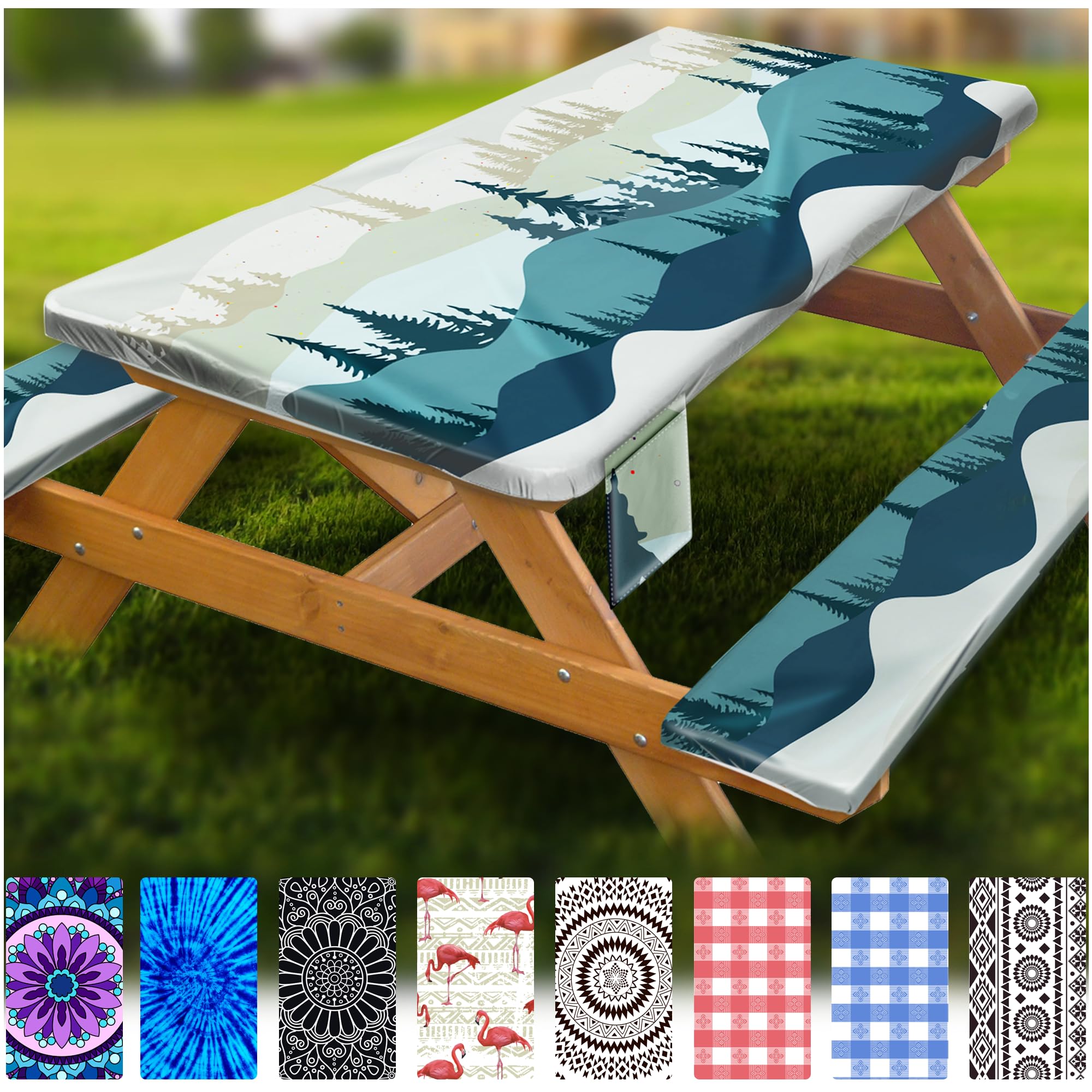Wrakus Fitted Picnic Table Cover Set, Green Mountain, front view