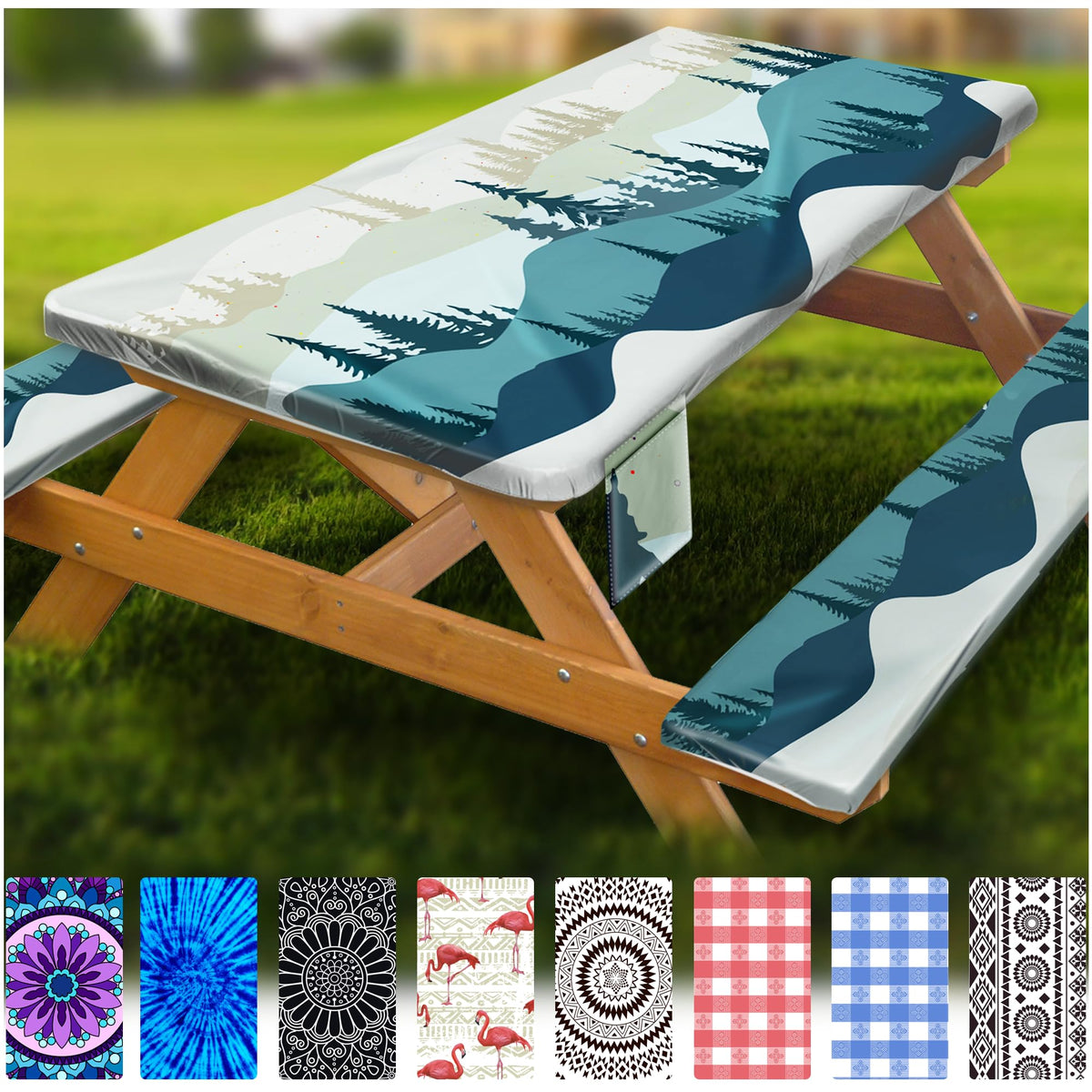 Wrakus Fitted Picnic Table Cover Set, Green Mountain, front view