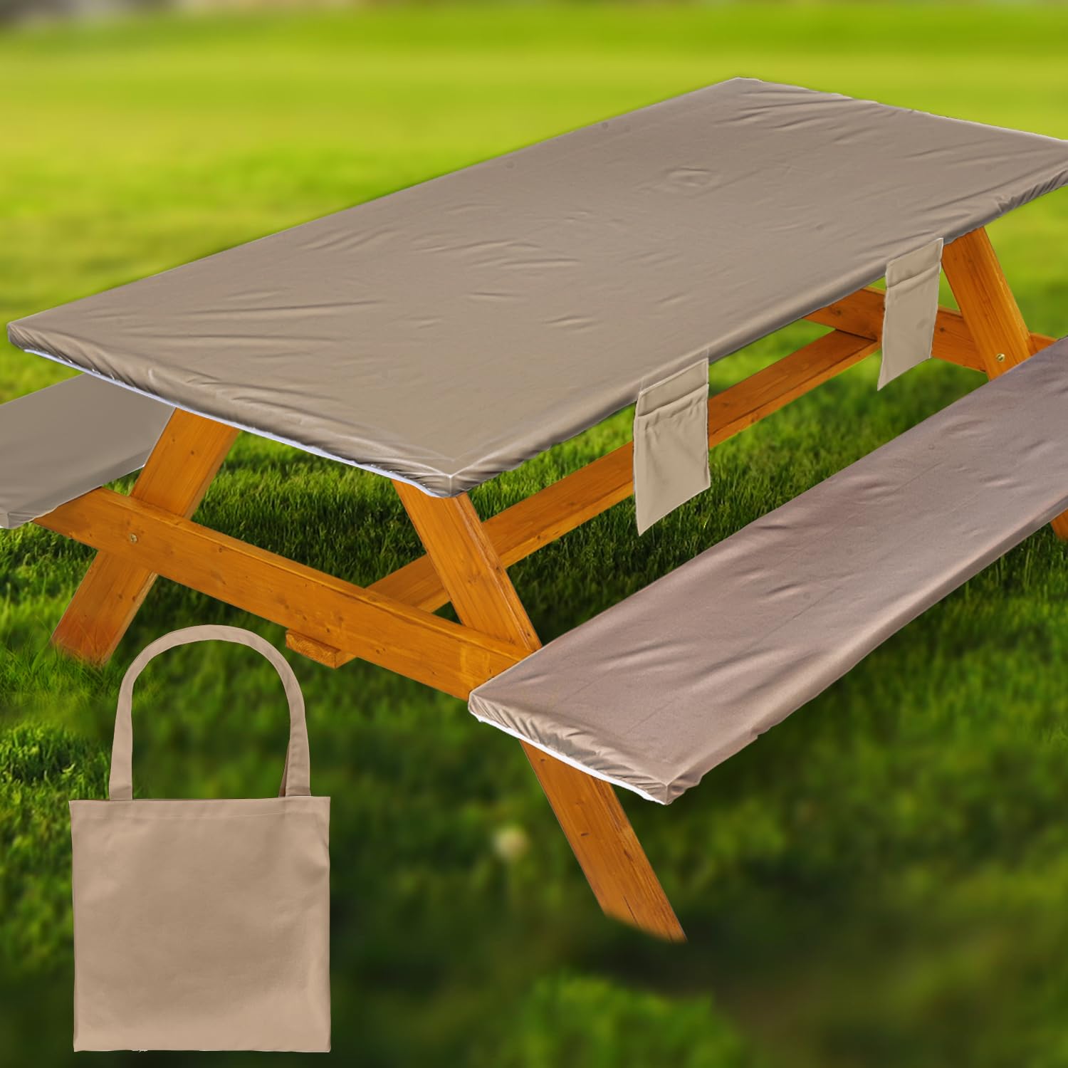 Wrakus Picnic Table Cover 3-Piece Set in Khaki on a picnic table