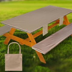 Wrakus Picnic Table Cover 3-Piece Set in Khaki on a picnic table