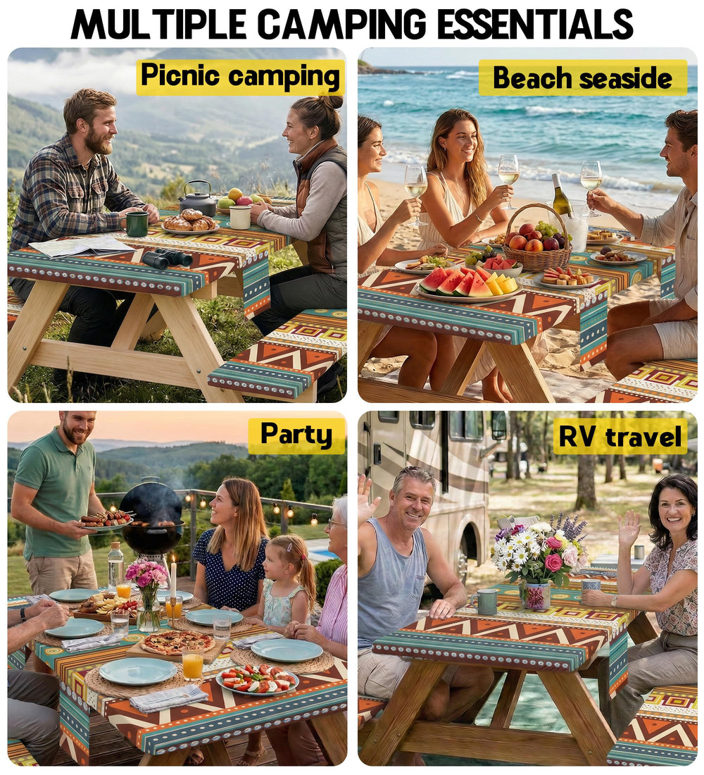 Wrakus Picnic Table Cover in vibrant yellow boho design
