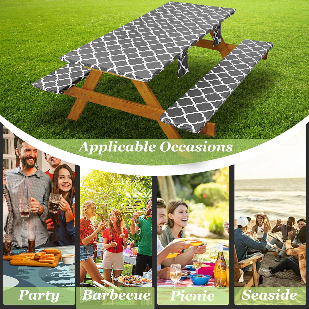 Wrakus picnic table cover set laid out on a table outdoors