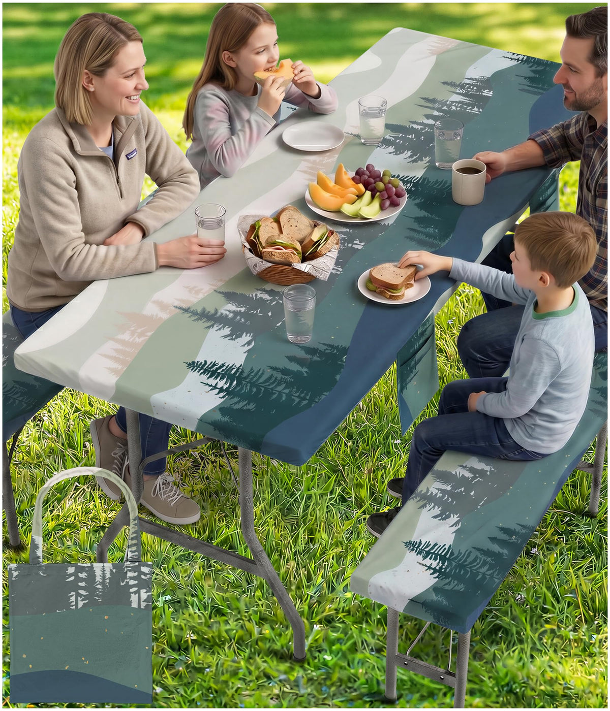 Wrakus picnic table cover set with bench covers in green mountain colour