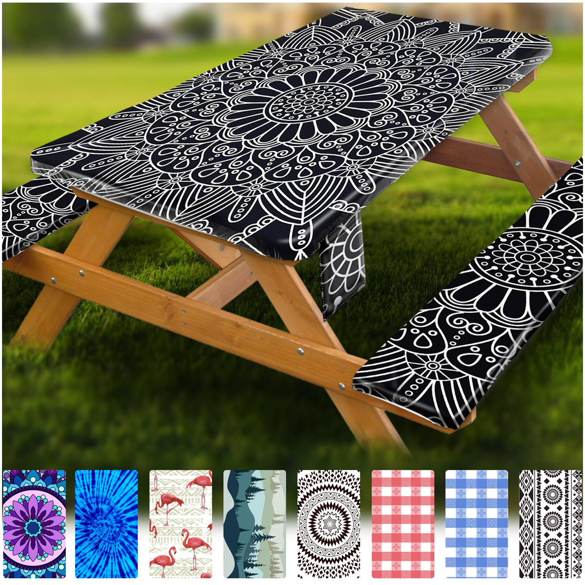 Wrakus Picnic Table Cover Set with Black Mandala design, front view