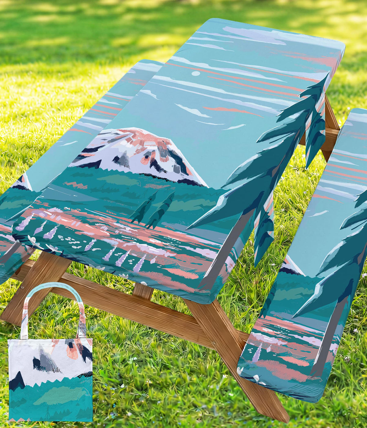 Wrakus Picnic Table Cover Set with Green Snow Mountain design