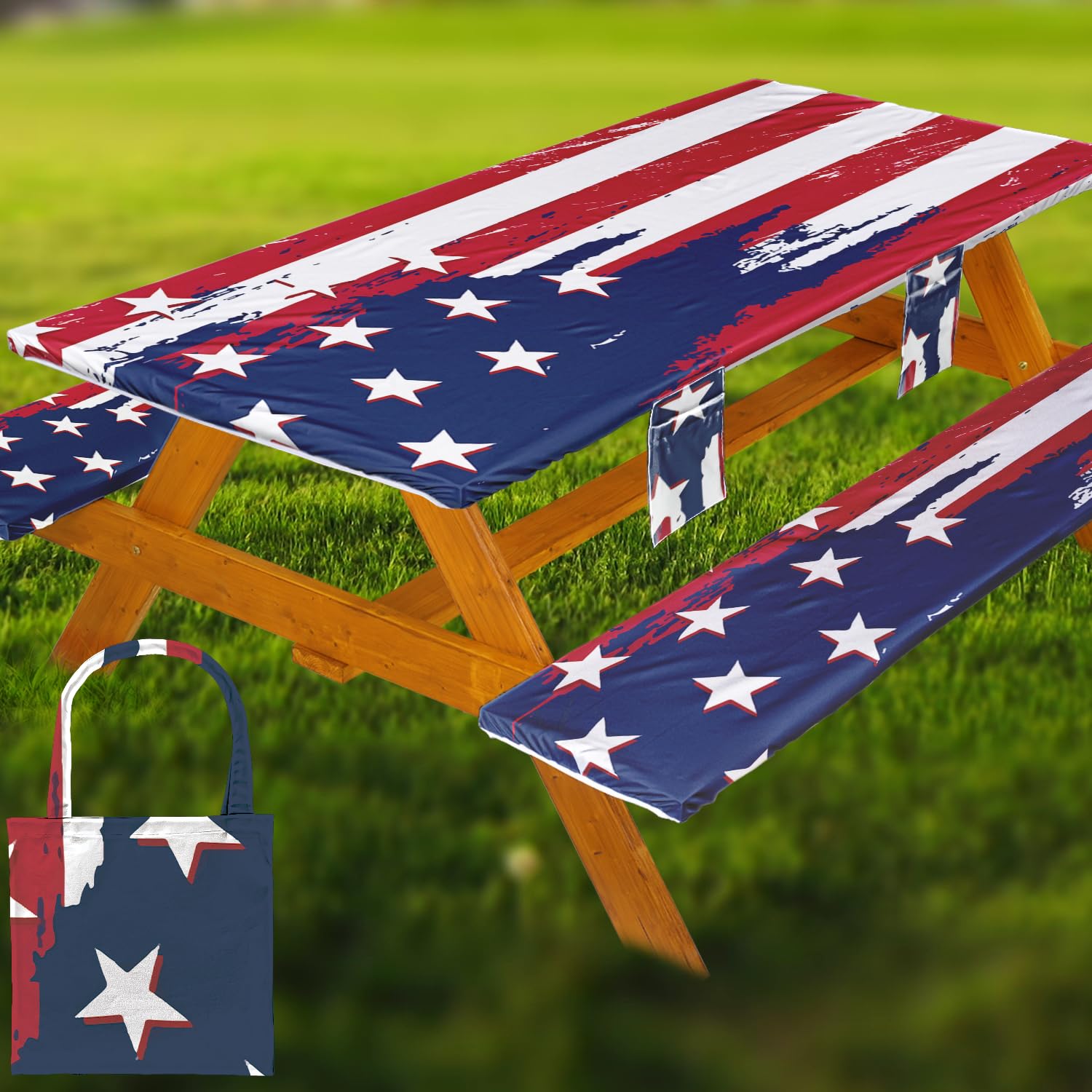 Wrakus Picnic Table Cover Set with red and blue flags design