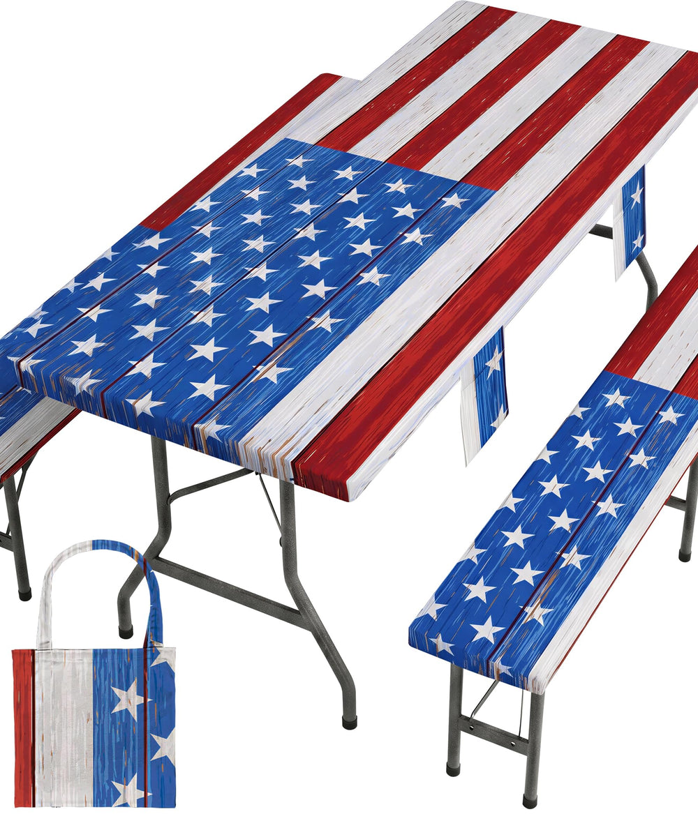 Wrakus picnic table cover set with red blue flags design