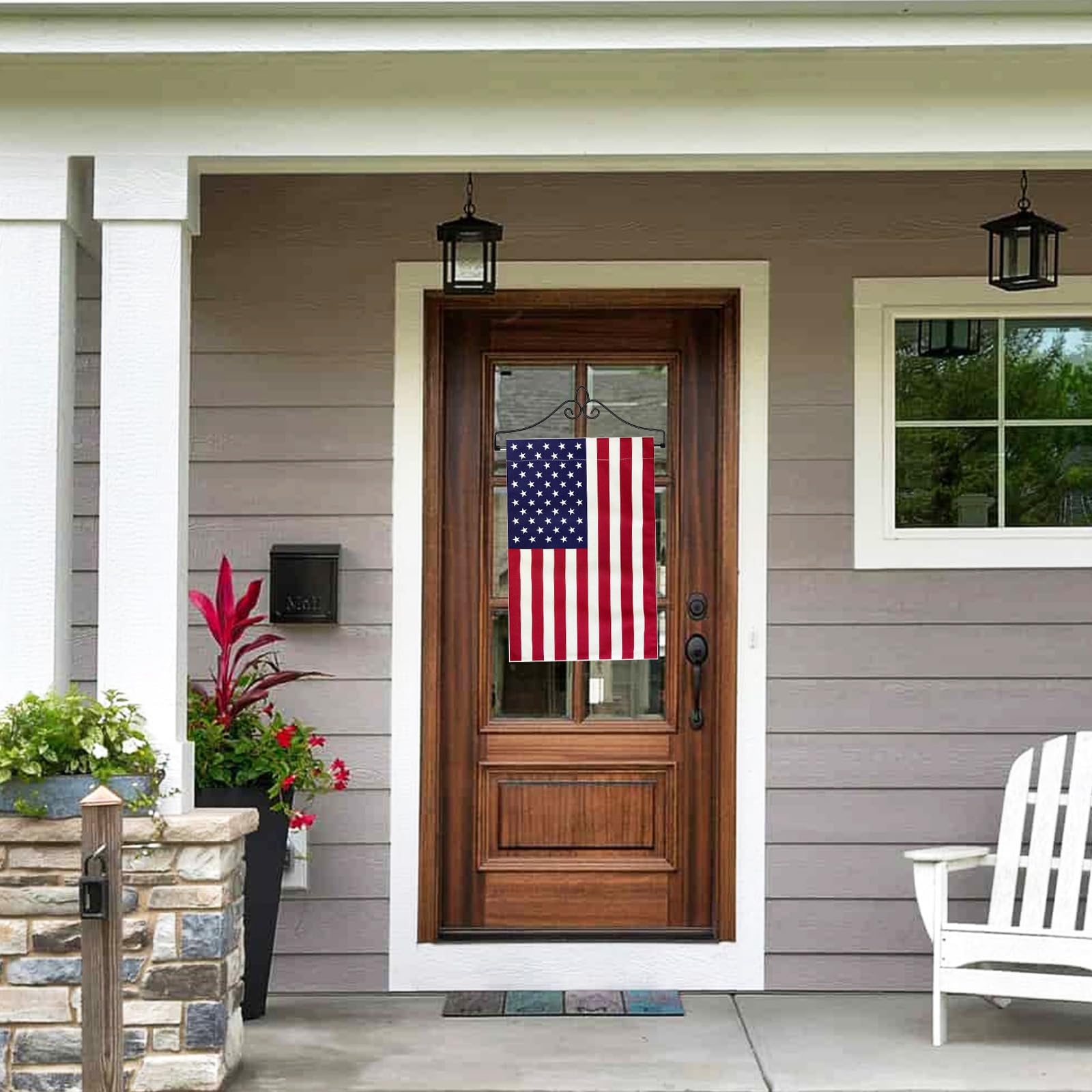Wrought iron flag hanger with American Flag garden flag