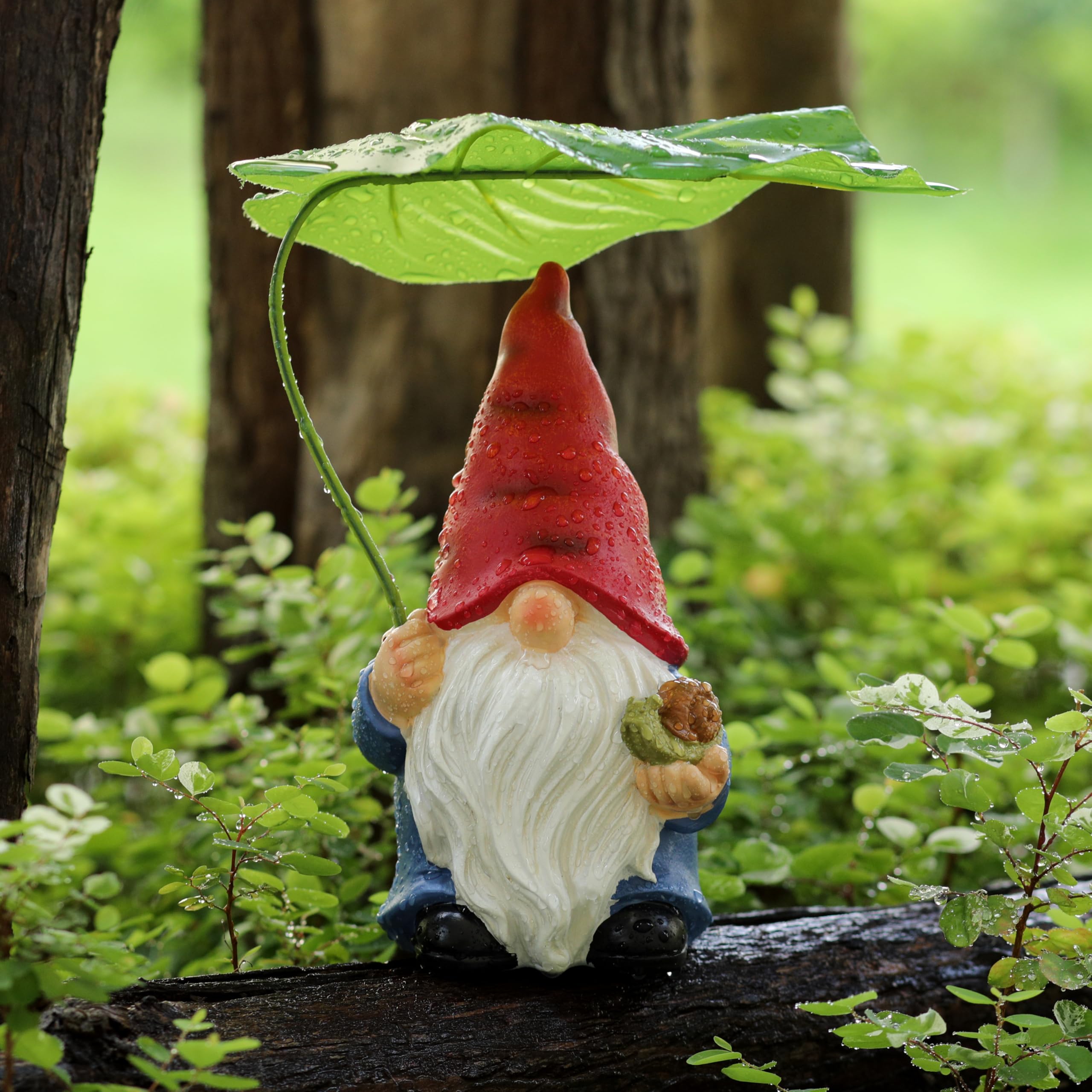 WSHMZYHOME Garden Gnome Statue 7.5" Red Male with Leaf Umbrella front view